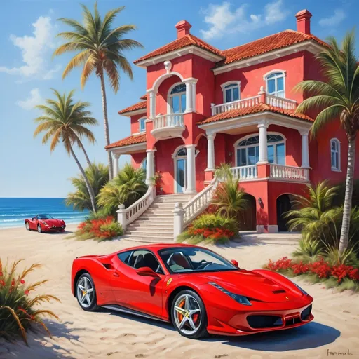 Prompt: Vibrant painting of a red car on the beach next to a Ferrari mansion, oil painting, sunny beach setting, vibrant colors, detailed beach scenery, luxurious Ferrari mansion, high quality, oil painting, vibrant, detailed, sunny, beach setting, luxurious, detailed scenery, professional, vibrant colors, warm lighting