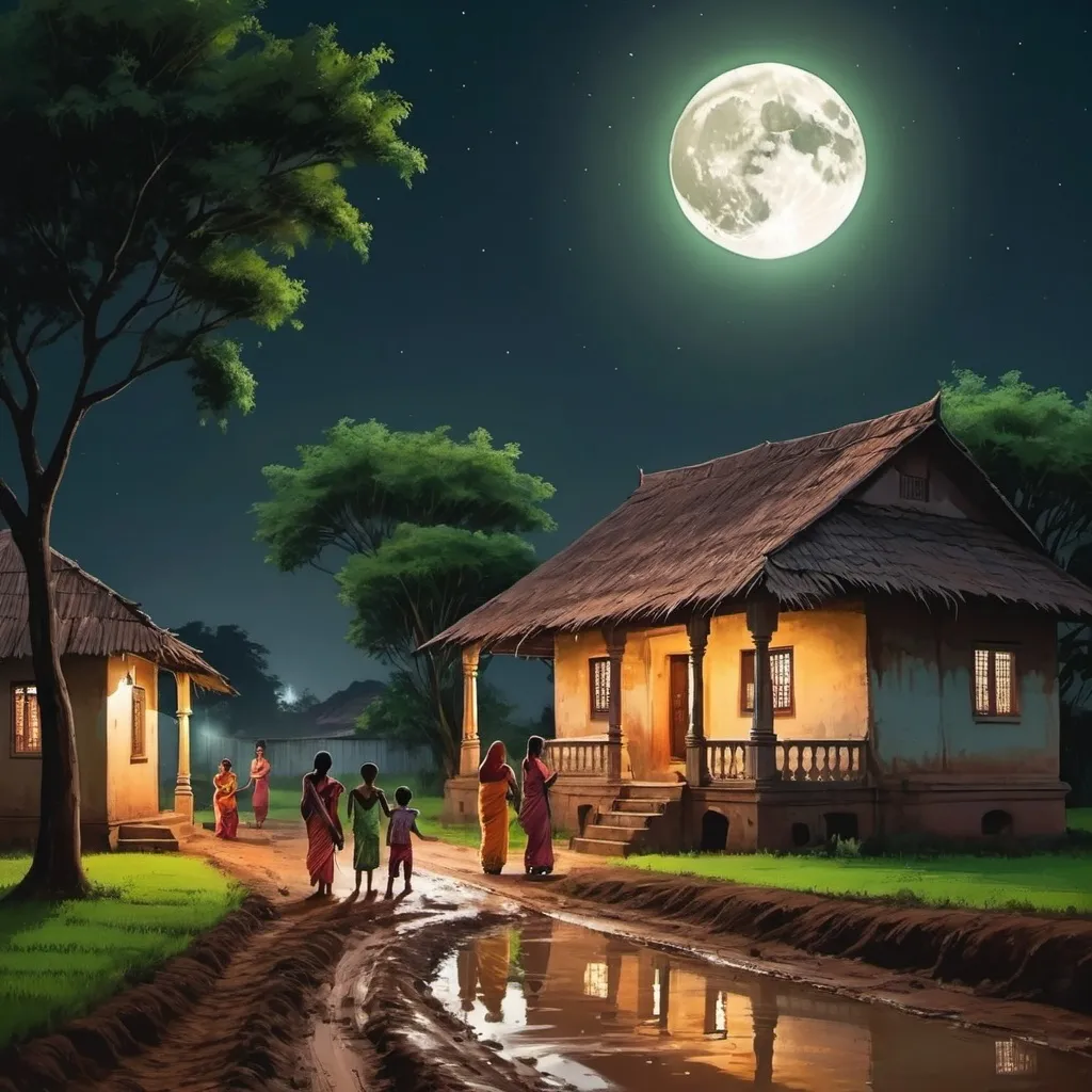 Prompt: Beautiful indian old house in the mid night with narrow mud road, green fields behind the house, Little boys and girls playing in the mud road together under the moon light, and the womens sitting in sarees outside their houses waiting for mens.