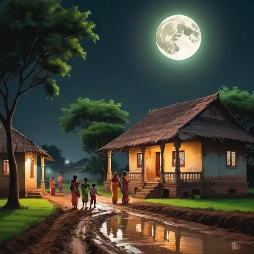 Prompt: Beautiful indian old house in the mid night with narrow mud road, green fields behind the house, Little boys and girls playing in the mud road together under the moon light, and the womens sitting in sarees outside their houses waiting for mens.