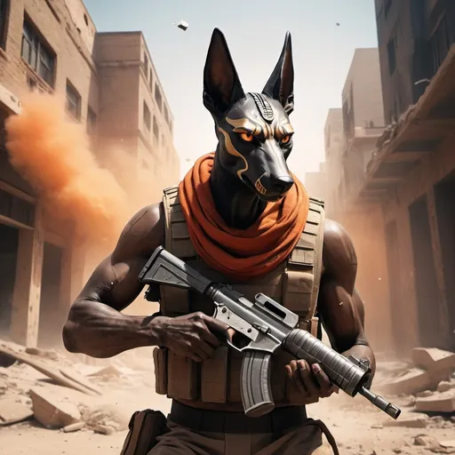 Prompt: Anubis with a goatee biting the pin out of a frag grenade held in one hand with the other hand holding a desert eagle in a urban combat zone