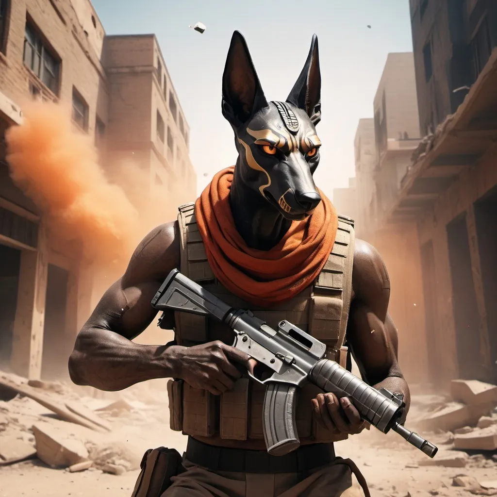 Prompt: Anubis with a goatee biting the pin out of a frag grenade held in one hand with the other hand holding a desert eagle in a urban combat zone