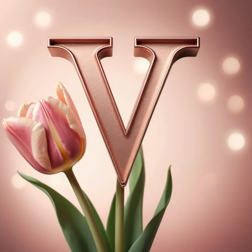 Prompt: (Photorealistic image with letter V in vintage rose gold letters), elegant text style, soft lighting, The letter V envolvep by a tulip
