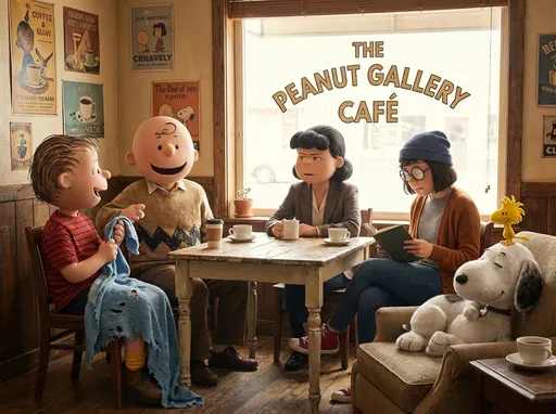 Prompt: Create a scene with Snoopy and friends (ex. Charlie Brown, Linus, Lucy, Marcie, etc.), but they are 15 years older.