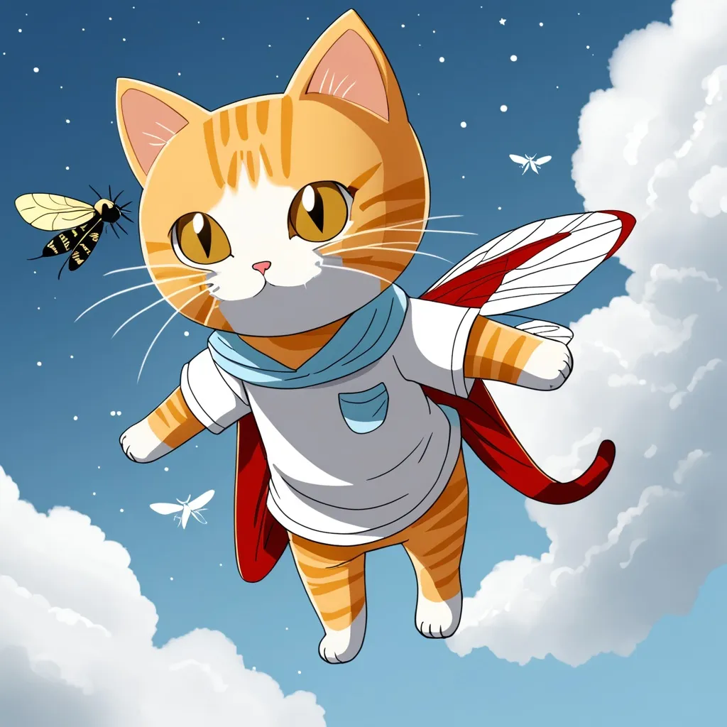 Prompt: A CAT FLY IN THE SKY WEARIR MAN CLOTH