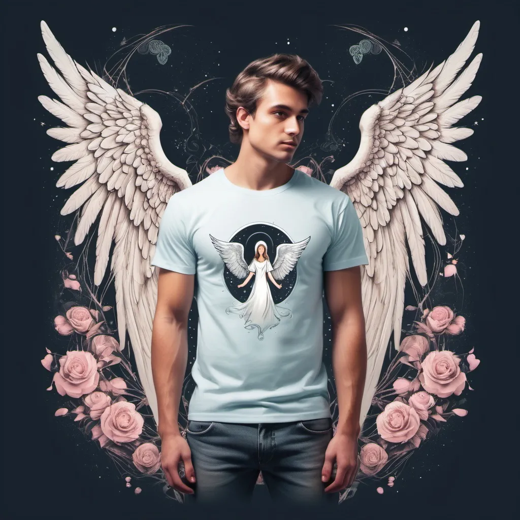 Prompt: Tshirt design cool with light colours, angels and romance
