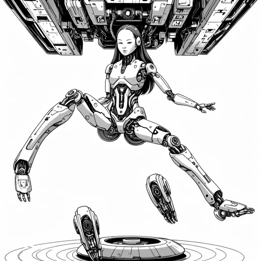Prompt: Cyborg, girl, human head, long hair, levitating, robot parts, full body, monochrome. 