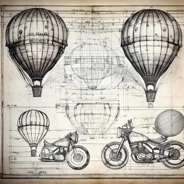 Prompt: DaVinci style sketch of motorcycle blueprints with hot air balloon attachment