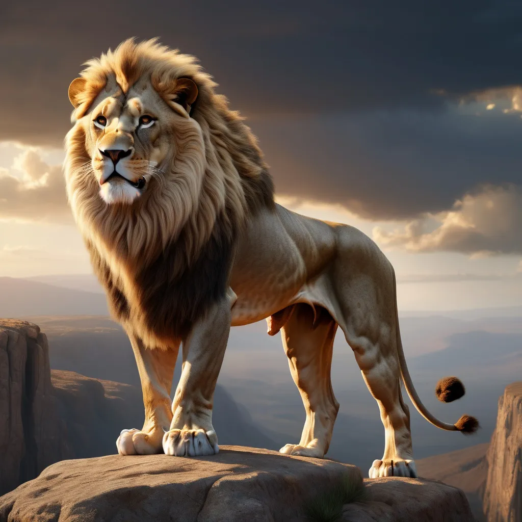 Prompt: Prompt: "Create a hyper-realistic 3D render of a majestic lion standing proudly at the edge of a cliff, roaring with power and authority. The lion’s muscular frame and flowing mane are illuminated by golden sunlight as it stands on a rocky outcrop, overlooking a vast, wild landscape. The sky is painted with dramatic clouds, and the distant horizon is filled with dense forest and mountains. The scene captures the raw strength and dominance of the lion in its natural habitat, with detailed textures on its fur and the rocky terrain. Render in 4K resolution with realistic lighting and shadows for a dramatic, awe-inspiring effect."