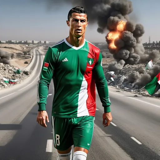 Prompt: cristiano ronaldo crying walking down a war-torn highway,some palestinian flags flying detailed clothing,nuclear bombs exploding in the background,realistic natural lighting