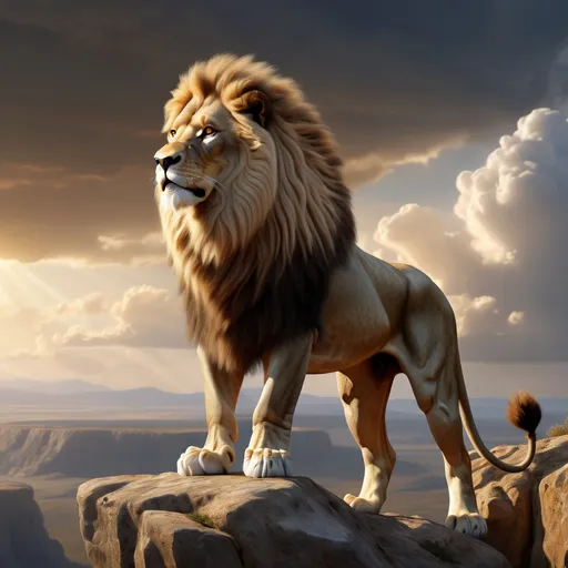 Prompt: Prompt: "Create a hyper-realistic 3D render of a majestic lion standing proudly at the edge of a cliff, roaring with power and authority. The lion’s muscular frame and flowing mane are illuminated by golden sunlight as it stands on a rocky outcrop, overlooking a vast, wild landscape. The sky is painted with dramatic clouds, and the distant horizon is filled with dense forest and mountains. The scene captures the raw strength and dominance of the lion in its natural habitat, with detailed textures on its fur and the rocky terrain. Render in 4K resolution with realistic lighting and shadows for a dramatic, awe-inspiring effect."