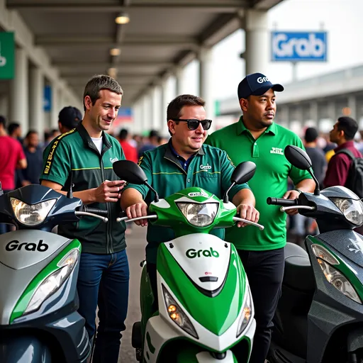 Prompt: "At the bustling Stasiun Pasar Minggu, three world-famous icons pose as Grab drivers, standing next to their motorbikes. Mark Zuckerberg wears a Grab jacket, smiling confidently as he checks his phone, ready for his next ride. Elon Musk, in a futuristic Grab helmet, leans against his electric bike, looking both casual and innovative. Mike Tyson, muscular and intense, sits on his bike with a focused gaze, giving off a protective and powerful vibe. The vibrant energy of the station, packed with commuters, surrounds them, blending tech, strength, and leadership with the everyday hustle of Jakarta's ojek drivers."