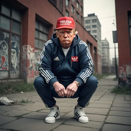 Prompt: Gopnik Donald Trump in Adidas sport outfit, squatting position, URSS building background, 50mm, high quality, realistic, detailed facial features, urban street art style, cool tones, atmospheric lighting