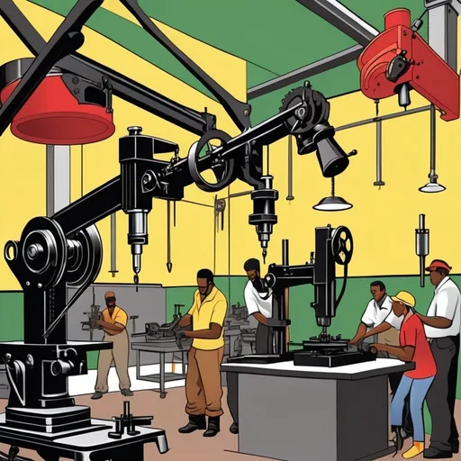 Prompt: Create a scene from the ninefifties in a black machine shop with manual lathes and drill presses.  It is Juneteenth and the celebration is felt through the canvas. 