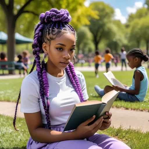 Prompt: Beautiful Black AI woman with purple braids sitting in a park reading a book with children playing in the background