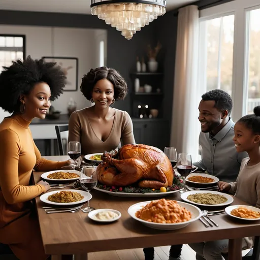 Prompt: Beautiful Black AI family sitting at dinner table celebrating Thanksgiving 