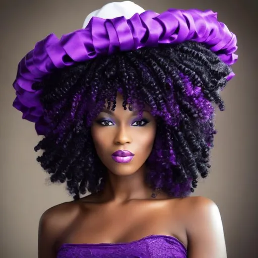 Prompt: Beautiful black woman with purple hair and purple church hat on 