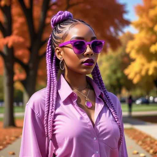 Prompt: Beautiful black AI woman with purple box braids wearing purple tinted sunglasses and a diamond stud in her left nostril wearing a pink shirt walking in a park in the fall