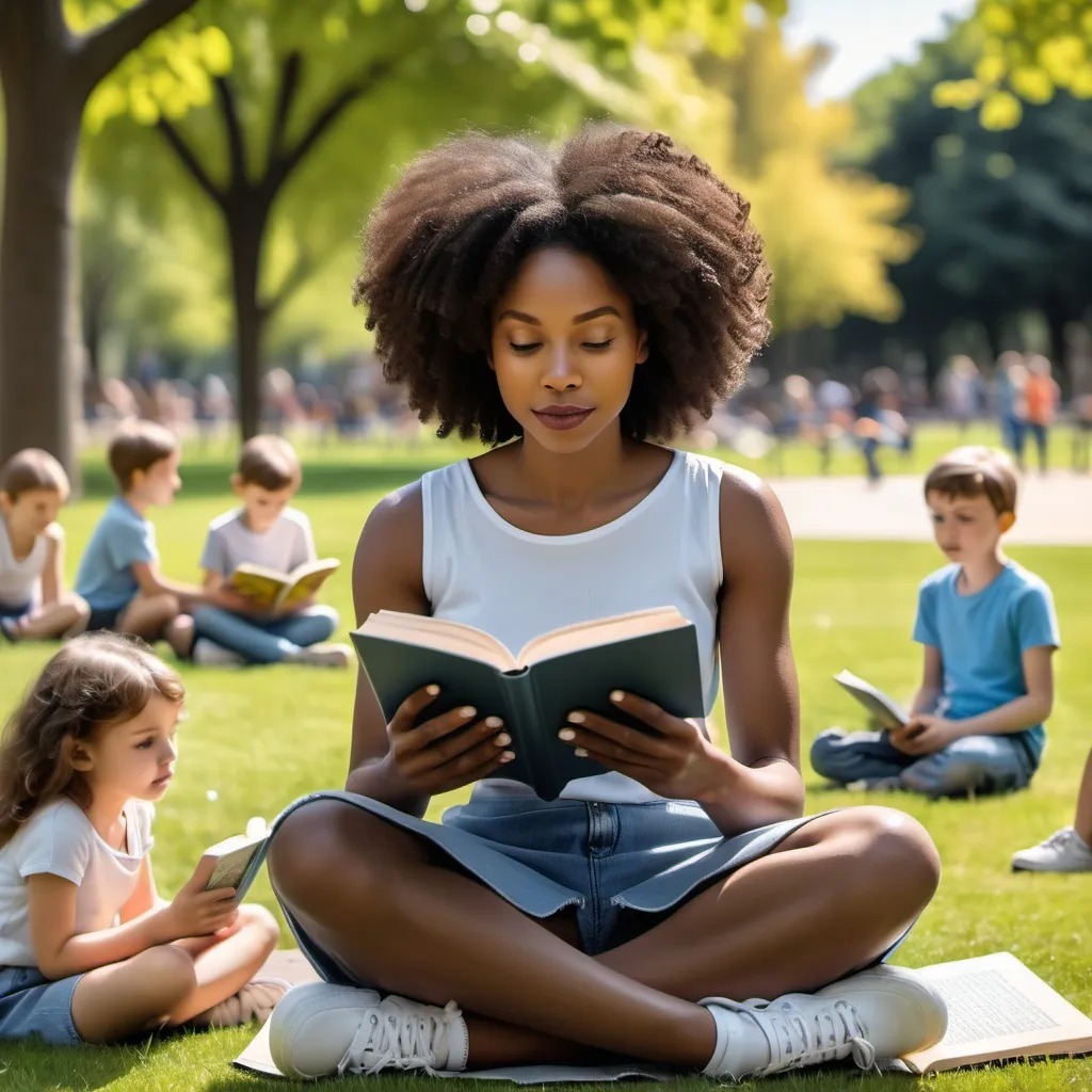 Prompt: Beautiful Black AI woman sitting in a park reading a book with children playing in the background