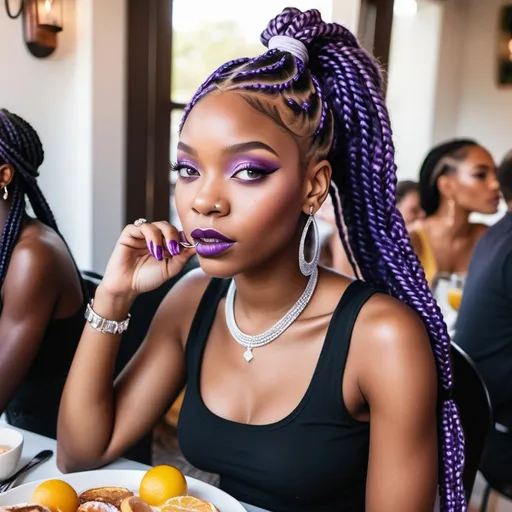 Prompt: Beautiful Black AI woman with purple braids and diamond stud in her left nostril  sitting a table eating Sunday brunch with friends