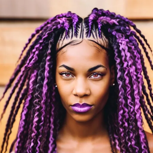 Prompt: Black woman with purple braids and light brown eyes 