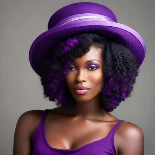 Prompt: Beautiful black woman with purple hair and purple church hat on 