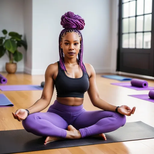 Prompt: Beautiful Black woman with purple box braids sitting in a yoga position on a yoga mat in an exercise class