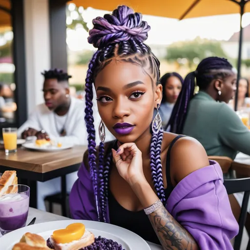 Prompt: Beautiful Black AI woman with purple braids and diamond stud in her left nostril  sitting a table eating Sunday brunch with friends