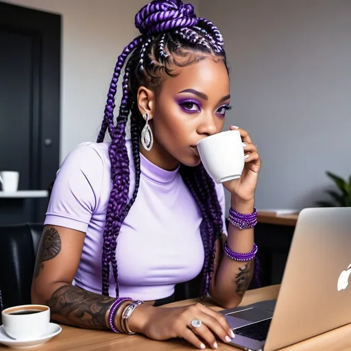 Prompt: Beautiful black AI woman with purple braids with a diamond stud in her left nostril sitting a desk drinking her cup of coffee .A purple MacBook is sitting on the desk in front of her 