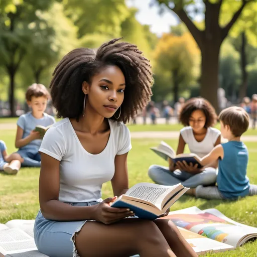 Prompt: Beautiful Black AI woman sitting in a park reading a book with children playing in the background