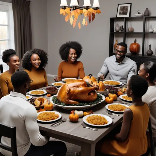 Prompt: Beautiful Black AI family sitting at dinner table celebrating Thanksgiving 