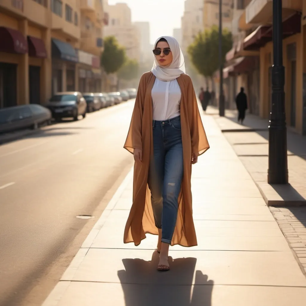 Prompt: A girl wearing open abaya with jense going walking