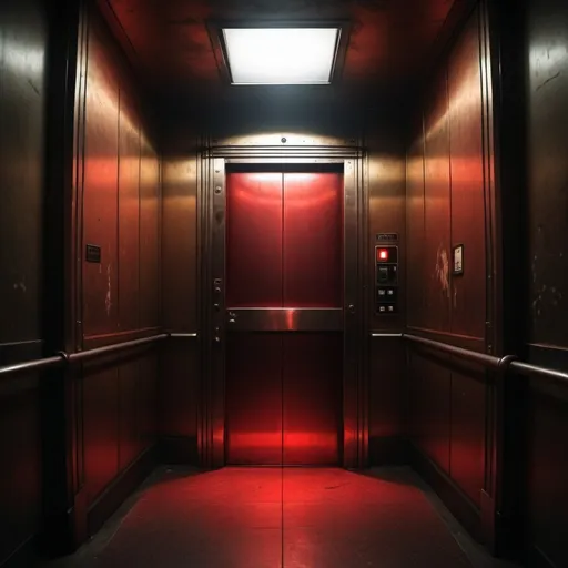 Prompt: Create a dark and suspenseful scene that captures the theme of fear and anxiety inside an old, claustrophobic elevator. The small, metallic elevator is dimly lit by a flickering overhead light, casting long, ominous shadows on the worn, scratched walls. The atmosphere is tense, with a sense of looming dread. The elevator's buttons are old and worn, with one of them ominously glowing red. The feeling of isolation and entrapment is palpable, as if the elevator itself is closing in on its occupant. Emphasize the eerie, unsettling mood that reflects the psychological tension of the story