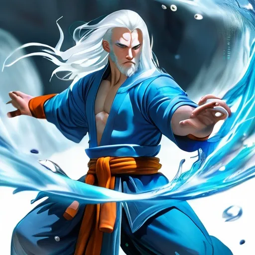 Prompt: Middle Aged Translucent Blue Male Water Genasi Monk, long white hair, scar, short beard, in combat pose 