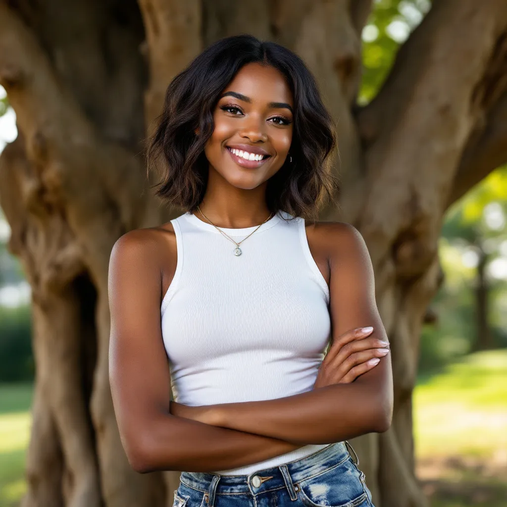 Prompt: A 26 year old attractive black female posing in front of a tree
