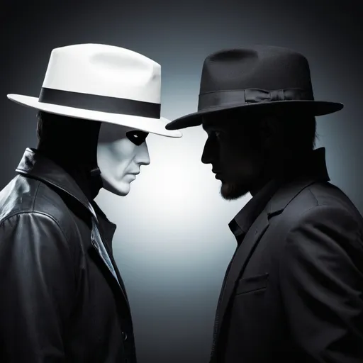 Prompt: whitehat hacker vs blackhat hacker. facing eachother 