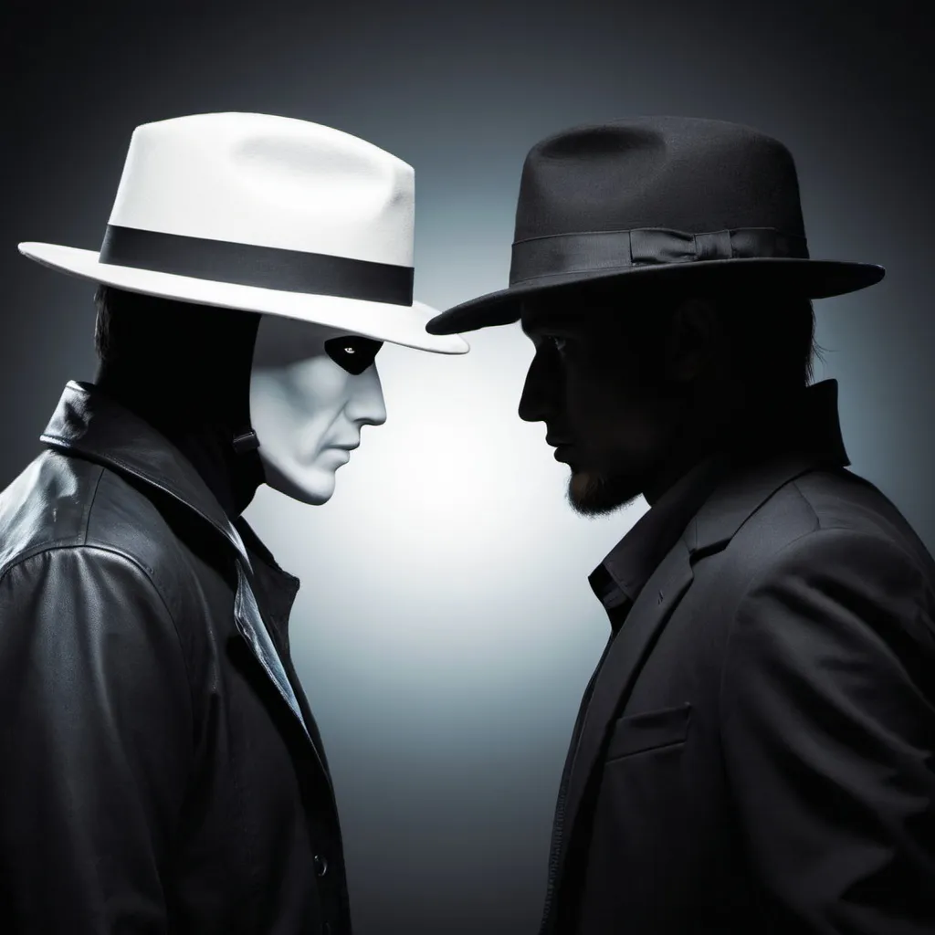 Prompt: whitehat hacker vs blackhat hacker. facing eachother 