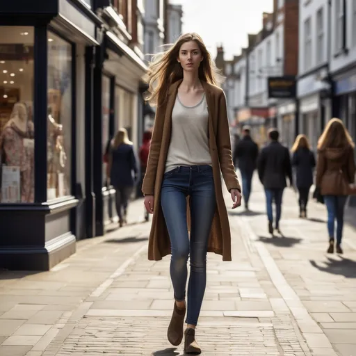 Prompt: Tall young woman walking down the high street, detailed clothing, realistic, natural lighting