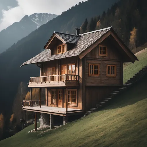 Prompt: a wooden house in a moutain