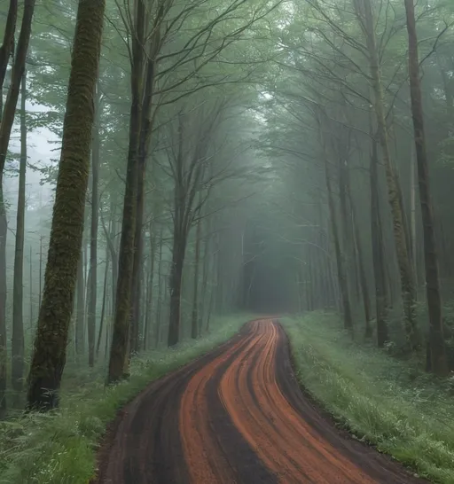 Prompt: A  mddy road going in a forest