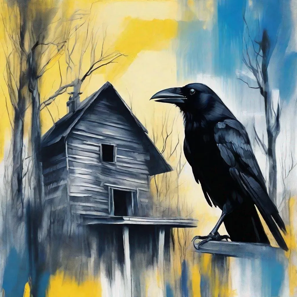 Prompt: Portrait black crow, woods and old wooden house in background, fauvism, black and white colors expressive brushstrokes, backdrop soft yellow blue gradient 