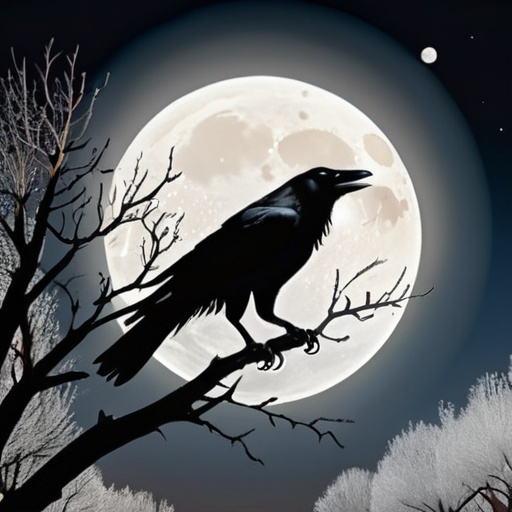 Prompt: A single black crow flying at night below the silver white full moon. A pear orchard below the crow. A single coyote roaming in the orchard below the trees. 