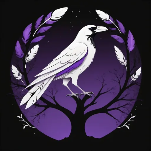 Prompt: White Native American crow shaped light with feathers on the earth below and tree branches painting black and purple backdrop, minimalistic tribal theme , elegant line design