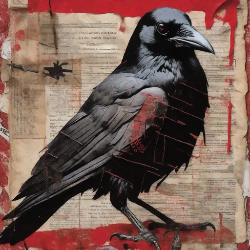 Prompt: Black crow tabloid art, collage torn red highlights, cut old paper backdrop, bold brushstroke, gritty texture,