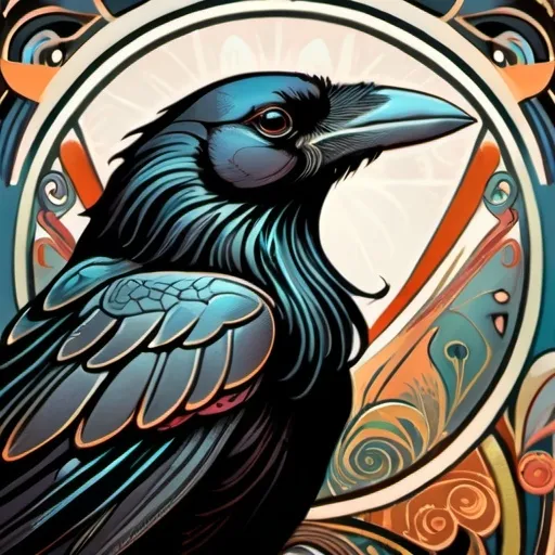 Prompt: Alphonse Mucha Style, art nouveau illustration of a full black crow, thick lines, intricate details, beautiful colors