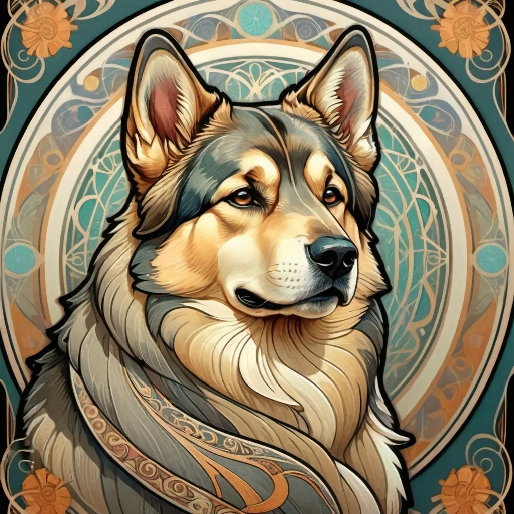 Prompt: Alphonse Mucha Style, art nouveau illustration of a malamute German Shepard thick lines, intricate details, beautiful colors