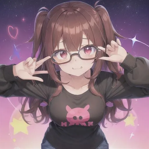 Prompt: best quality, 
cute vtuber Meica Ch.,
big round eyes, 
vibrant dark brown hair,
wearing a hair accesori, Hetereocromia eyes 
 clothing, 
curious face,
unreal engine 5,
2girls
school
baggy shirt,
pants
((, narrow waist))
thighs
glasses
face
hair pin stars
one eyes brow
one eyes green
<lora:kanaMixV3_LoRA128:1> masterpiece, 
best quality, 
ultra-detailed,
 illustration, 
colorful,
 falt color, 
depth of field,
 lens flare, 
1girl, anime, 
sitting, 
red hair,
 looking at viewer,
school, 
classroom, 
pleated miniskirt ,
 school uniform,
detailed skin texture, 
detailed cloth texture, 
beautiful detailed face,