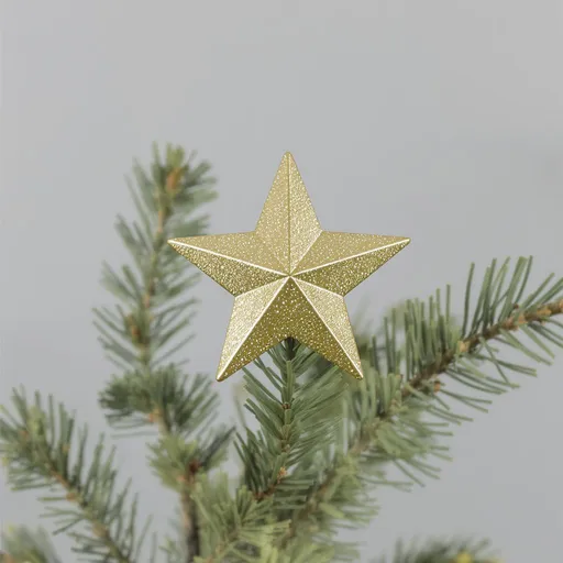 Prompt: Timeless Iconography, A stylized, minimalist golden star ornament atop a natural pine branch, Serene studio, midday, soft window light, Close-up, 40% negative space of a plain white background, SOFT light, contemplative mood, A subtle shimmer of glitter on the star's surface, editorial content, high commercial value, shutterstock, no brand, clean and simple, no extra objects, minimal styling, neutral flat surface, no props, sample negative space, room for text, rule of thirds composition, shallow depth of field (f/2.8 look), background softly, no extra objects, soft glow