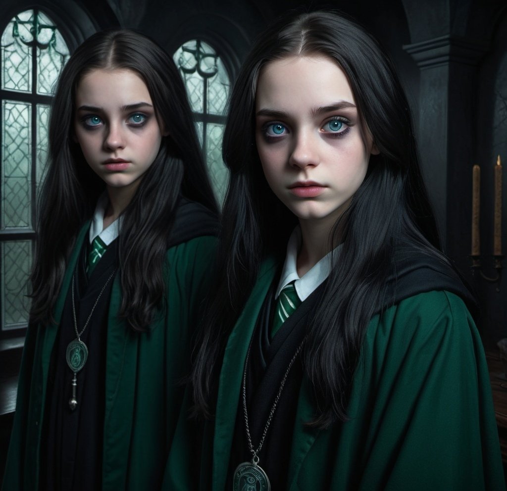 Prompt: Photorealistic Art of creepy psychopath teenage Slytherin twins, pale skin, long black hair, dark blue eyes, detailed facial features, high quality, photorealism, dark and eerie atmosphere, intense gaze, haunting presence, detailed hair strands, chilling expressions, realistic rendering, moody lighting, detailed eyes, professional, atmospheric lighting, Black Robes, Hollow Eyes, Dark Robes