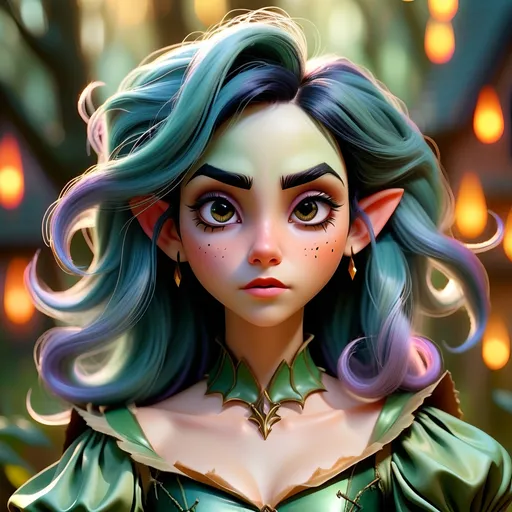 Prompt: Dreamy pastel portrait, ethereal atmosphere, soft focus young adult witch girl, dark green hair, pointy ears, Unkept bushy thick black eyebrows, digital art, Disney, magical atmosphere, detailed features, expertly crafted, fantasy, enchanting, professional, highres, detailed, magical, digital art, whimsical, vibrant colors, atmospheric lighting, Amber coloured Eyes, Elf Ears