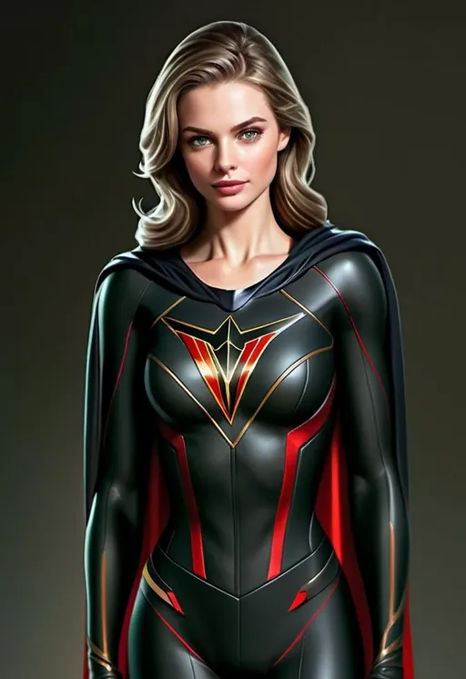 Prompt: Realistic portrayal of a Woman in a Red and White suit, glossy textures, confident stance, flowing cape, intricate details on suit, realistic facial features, vibrant colors, high quality, realism, powerful, iconic, glossy textures, flowing cape, intricate design, confident stance, detailed facial features, professional lighting, Red suit, White colours